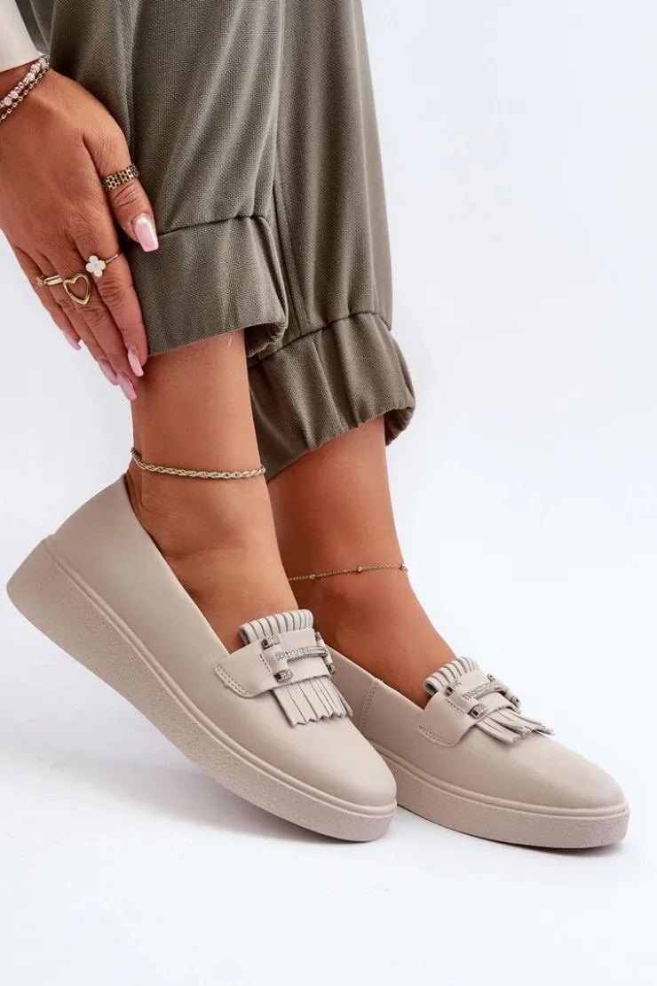 New Damskie buty S.Barski Lekkie Mokasyny Damskie Skórzane Na Platformie Beżowe S.Barski LR590 Beżowy