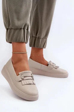 New Damskie buty S.Barski Lekkie Mokasyny Damskie Skórzane Na Platformie Beżowe S.Barski LR590 Beżowy