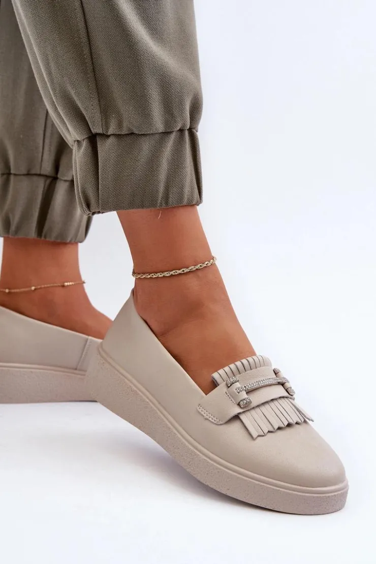 New Damskie buty S.Barski Lekkie Mokasyny Damskie Skórzane Na Platformie Beżowe S.Barski LR590 Beżowy