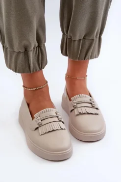 New Damskie buty S.Barski Lekkie Mokasyny Damskie Skórzane Na Platformie Beżowe S.Barski LR590 Beżowy