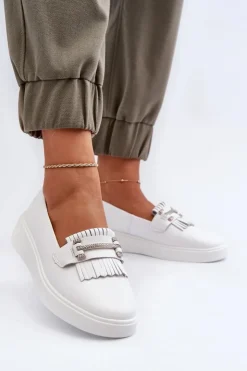 Damskie buty S.Barski Loafersy Damskie|Mokasyny Damskie Skórzane*Lekkie Mokasyny Damskie Skórzane Na Platformie Białe S.Barski LR590 Biały