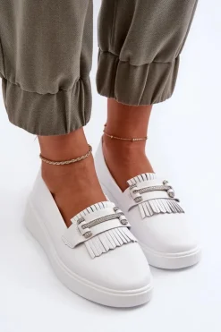 Damskie buty S.Barski Loafersy Damskie|Mokasyny Damskie Skórzane*Lekkie Mokasyny Damskie Skórzane Na Platformie Białe S.Barski LR590 Biały