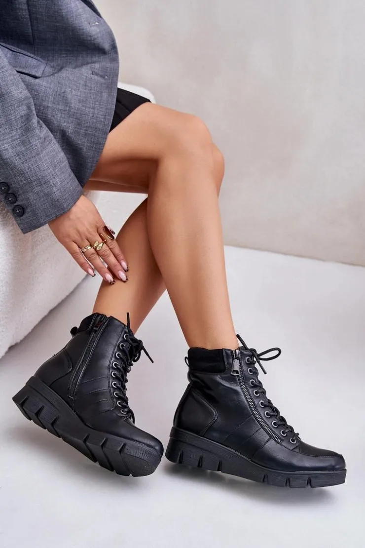 Boto Botki Ocieplane|Damskie Trapery*Lekkie Ocieplane Botki Damskie Na Platformie I Koturnie Czarne Savindria Czarny