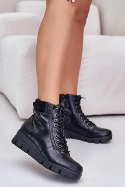 Boto Botki Ocieplane|Damskie Trapery*Lekkie Ocieplane Botki Damskie Na Platformie I Koturnie Czarne Savindria Czarny