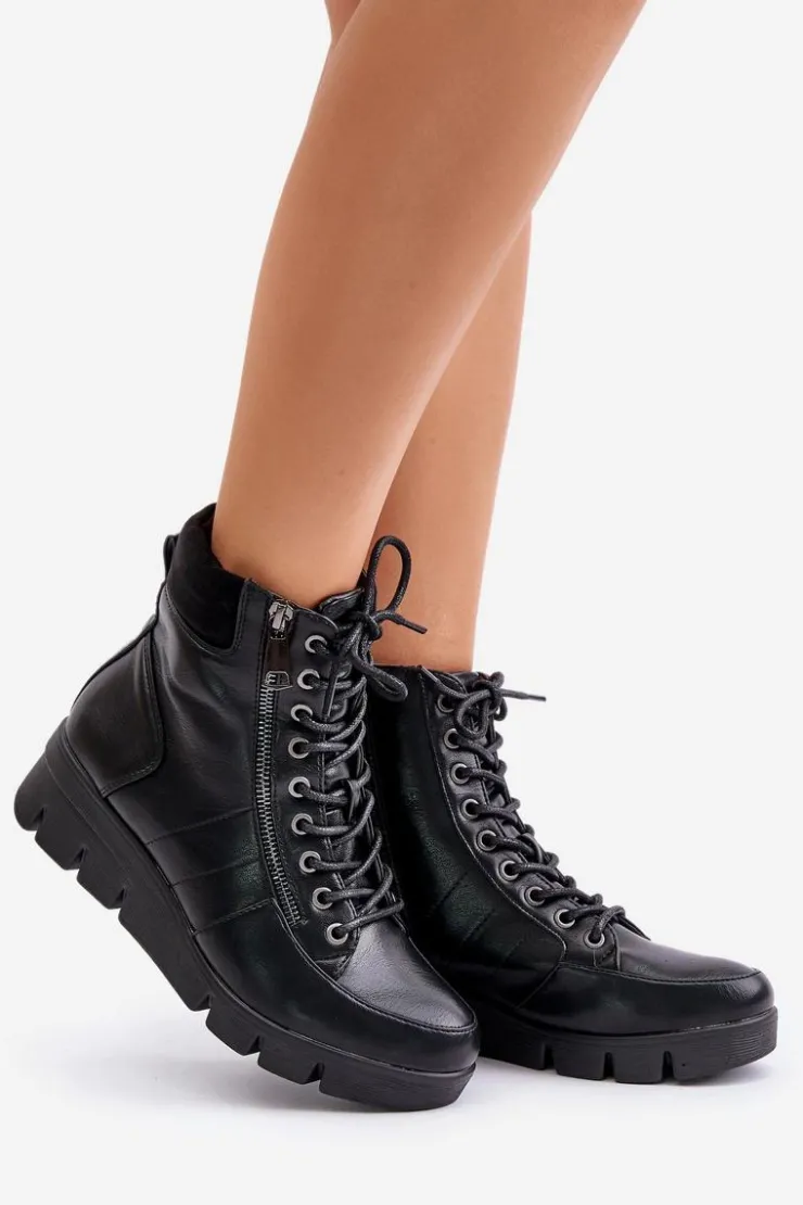 Boto Botki Ocieplane|Damskie Trapery*Lekkie Ocieplane Botki Damskie Na Platformie I Koturnie Czarne Savindria Czarny