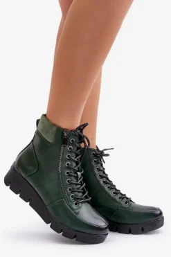 Clearance Boto Lekkie Ocieplane Botki Damskie Na Platformie I Koturnie Ciemnozielone Savindria