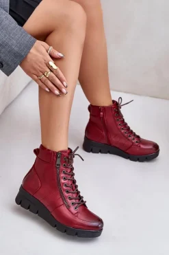 Outlet Boto Lekkie Ocieplane Botki Damskie Na Platformie I Koturnie Bordowe Savindria Czerwony
