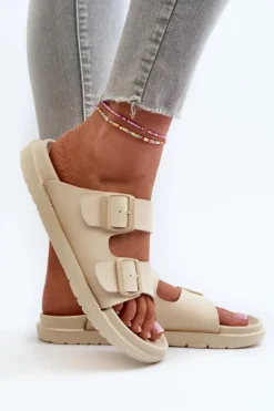 Damskie Big Star Shoes Lekkie Piankowe Klapki Damskie Z Klamrami Big Star NN274A752 Beżowe