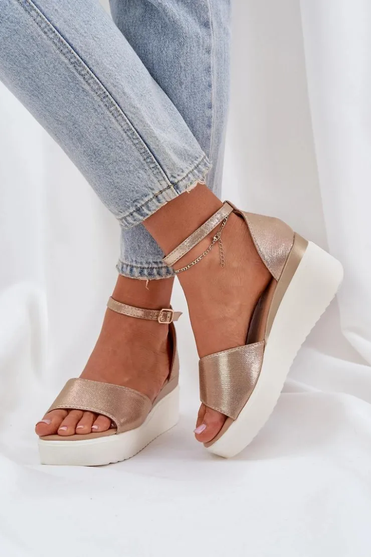 New Boto Lekkie Sandały Na Platformie I Delikatnym Koturnie Złote Gillifia Złoty