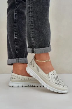 Evento Loafersy Damskie|Mokasyny Damskie Skórzane*Lekkie Skórzane Ażurowe Mokasyny Damskie Na Platformie Beżowe Tanelora