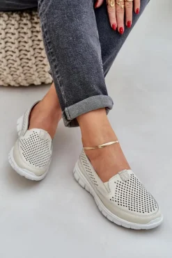 Evento Loafersy Damskie|Mokasyny Damskie Skórzane*Lekkie Skórzane Ażurowe Mokasyny Damskie Na Platformie Beżowe Tanelora