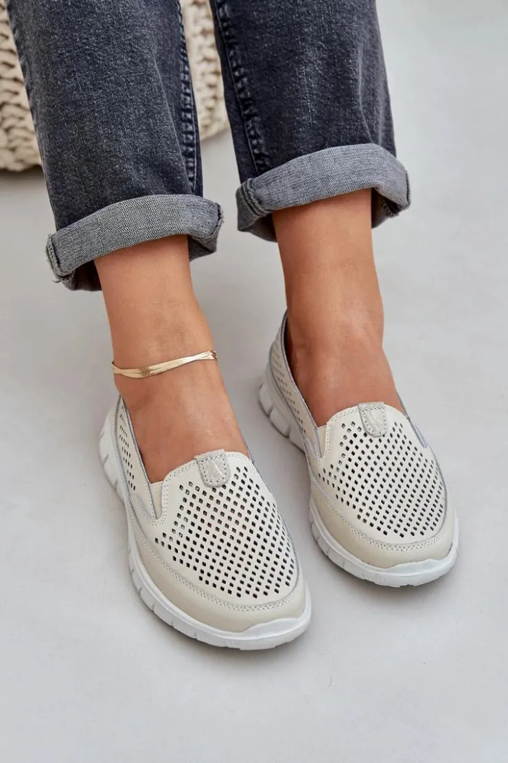 Evento Loafersy Damskie|Mokasyny Damskie Skórzane*Lekkie Skórzane Ażurowe Mokasyny Damskie Na Platformie Beżowe Tanelora