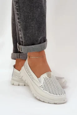 Damskie Evento Lekkie Skórzane Ażurowe Mokasyny Damskie Na Platformie Białe Tanelora
