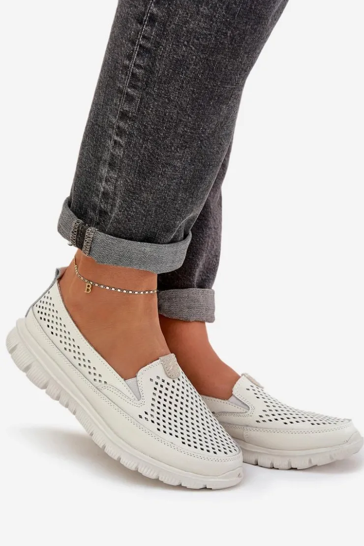 Damskie Evento Lekkie Skórzane Ażurowe Mokasyny Damskie Na Platformie Białe Tanelora