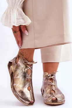 Maciejka Sandały Płaskie|Botki Wiosenne*Lekkie Skórzane Botki 03426-42 Złote Złoty