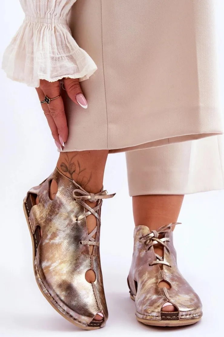 Maciejka Sandały Płaskie|Botki Wiosenne*Lekkie Skórzane Botki 03426-42 Złote Złoty