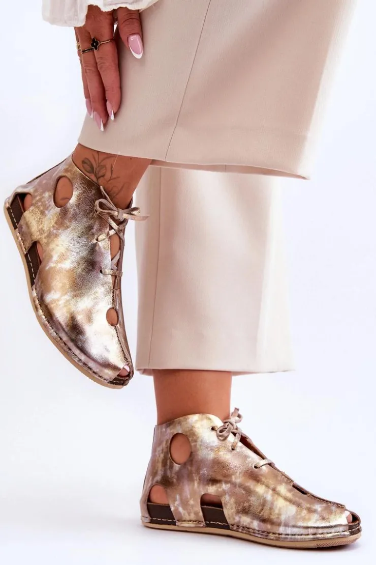 Maciejka Sandały Płaskie|Botki Wiosenne*Lekkie Skórzane Botki 03426-42 Złote Złoty