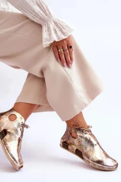 Maciejka Sandały Płaskie|Botki Wiosenne*Lekkie Skórzane Botki 03426-42 Złote Złoty