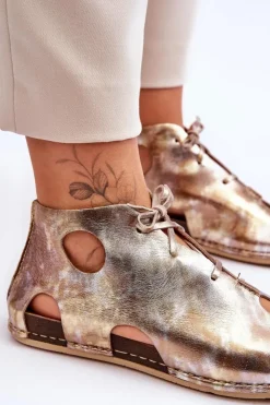 Maciejka Sandały Płaskie|Botki Wiosenne*Lekkie Skórzane Botki 03426-42 Złote Złoty