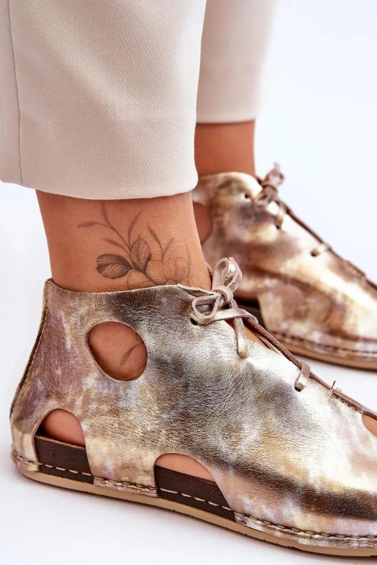 Maciejka Sandały Płaskie|Botki Wiosenne*Lekkie Skórzane Botki 03426-42 Złote Złoty