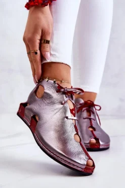 Maciejka Sandały Płaskie|Botki Wiosenne*Lekkie Skórzane Botki 03426-20 Srebrno-Czerwone