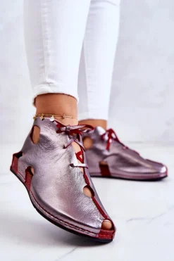 Maciejka Sandały Płaskie|Botki Wiosenne*Lekkie Skórzane Botki 03426-20 Srebrno-Czerwone