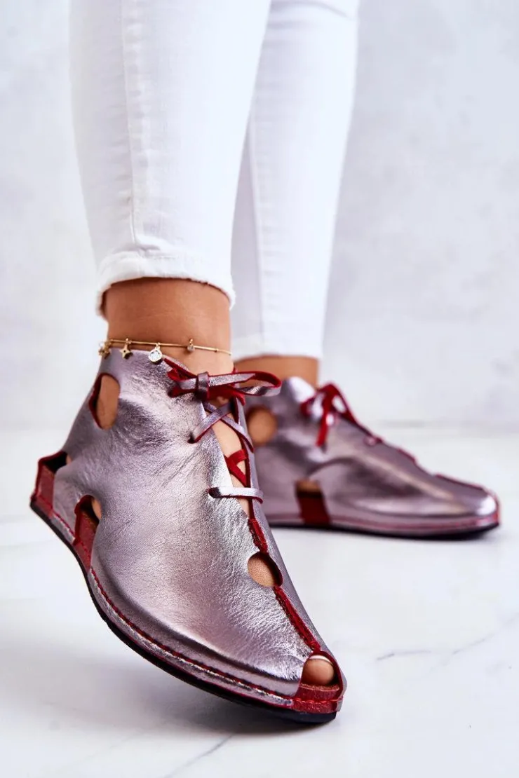 Maciejka Sandały Płaskie|Botki Wiosenne*Lekkie Skórzane Botki 03426-20 Srebrno-Czerwone