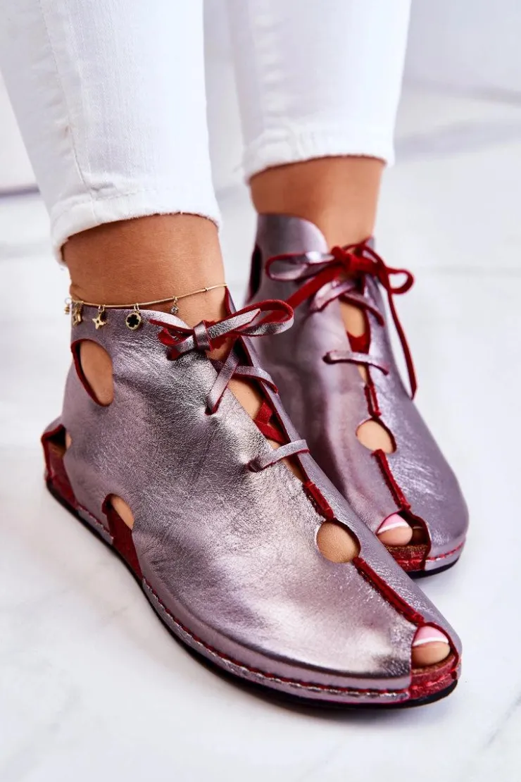 Maciejka Sandały Płaskie|Botki Wiosenne*Lekkie Skórzane Botki 03426-20 Srebrno-Czerwone