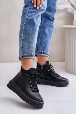 Damskie Artiker Lekkie Skórzane Buty Sportowe Na Platformie 55C1041 Czarne