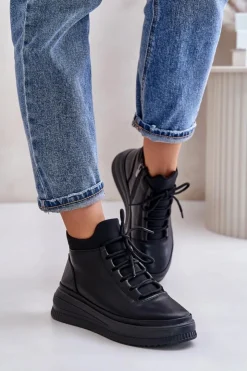 Damskie Artiker Lekkie Skórzane Buty Sportowe Na Platformie 55C1041 Czarne