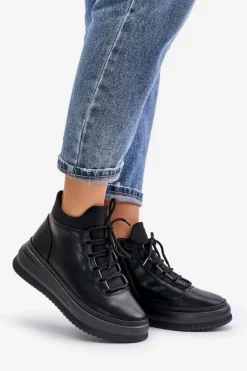 Damskie Artiker Lekkie Skórzane Buty Sportowe Na Platformie 55C1041 Czarne