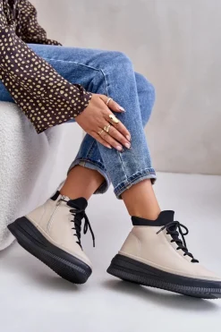 Artiker Buty Sportowe Na Platformie*Lekkie Skórzane Buty Sportowe Na Platformie 55C0554 Beżowe Beżowy