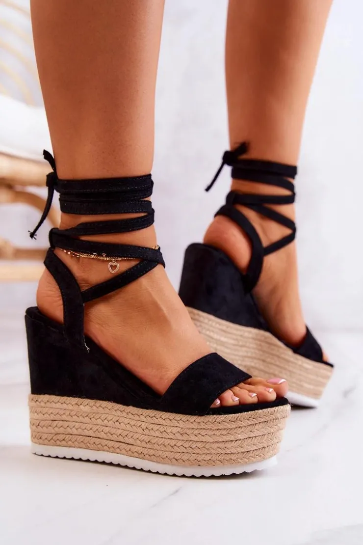 Hot Boto Lekkie Wiązane Sandały Na Koturnie Czarne Marriett