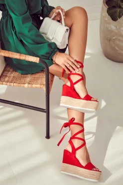 Damskie Boto Lekkie Wiązane Sandały Na Koturnie Czerwone Marriett