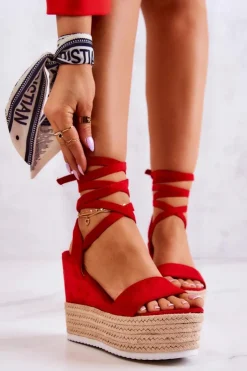 Damskie Boto Lekkie Wiązane Sandały Na Koturnie Czerwone Marriett