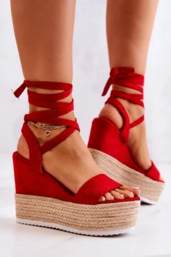 Damskie Boto Lekkie Wiązane Sandały Na Koturnie Czerwone Marriett