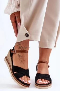 Boto Sandały Na Koturnie*Lekkie Zamszowe Sandały Na Koturnie Czarne Celine