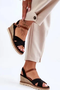 Boto Sandały Na Koturnie*Lekkie Zamszowe Sandały Na Koturnie Czarne Celine