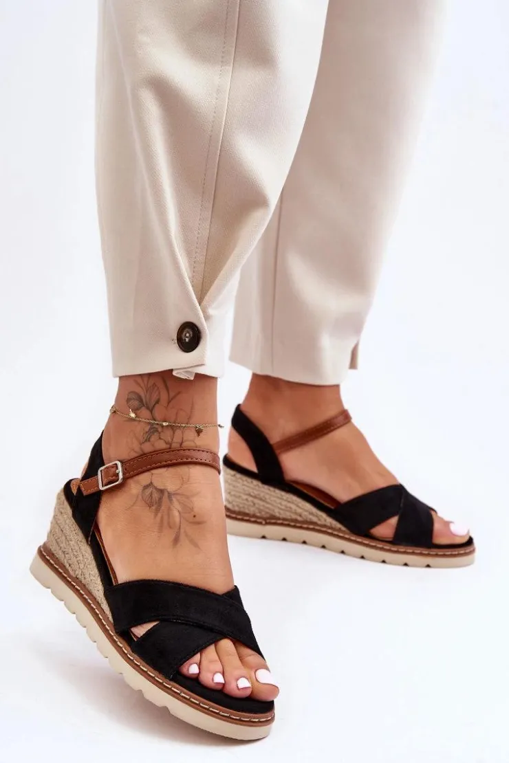 Boto Sandały Na Koturnie*Lekkie Zamszowe Sandały Na Koturnie Czarne Celine