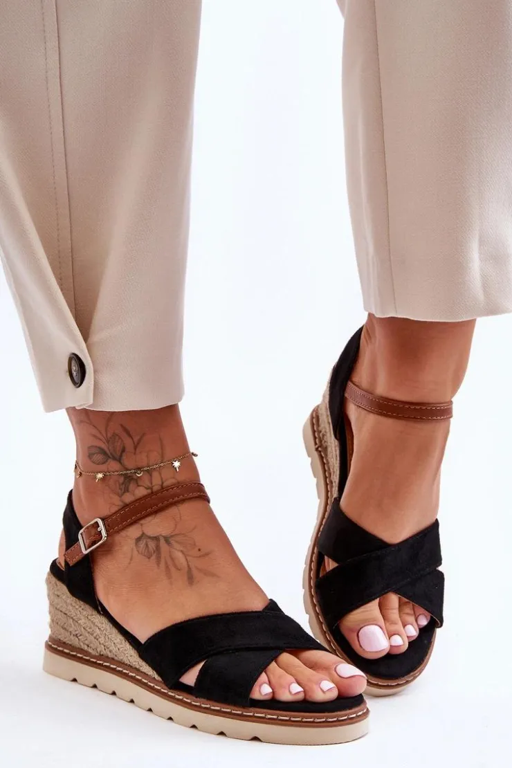 Boto Sandały Na Koturnie*Lekkie Zamszowe Sandały Na Koturnie Czarne Celine