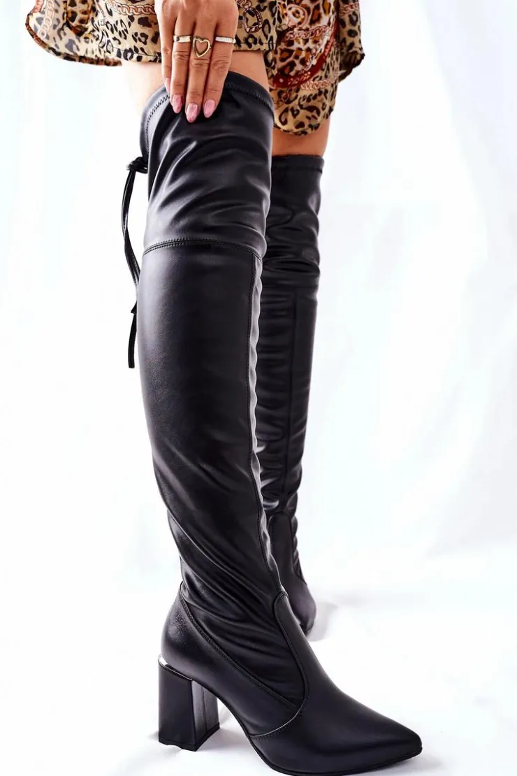 New Boto Lewski Skórzane Kozaki na Słupku Czarne Karo