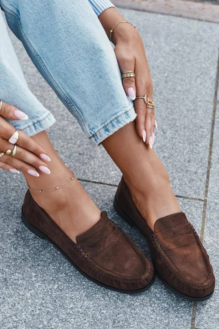 Damskie Boto Loafersy Damskie Na Płaskim Obcasie Z Eko Zamszu Brązowe Rivianne