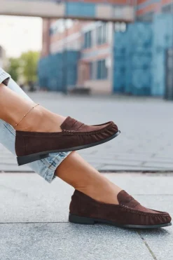 Damskie Boto Loafersy Damskie Na Płaskim Obcasie Z Eko Zamszu Brązowe Rivianne