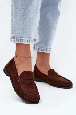Damskie Boto Loafersy Damskie Na Płaskim Obcasie Z Eko Zamszu Brązowe Rivianne