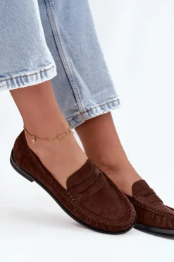 Damskie Boto Loafersy Damskie Na Płaskim Obcasie Z Eko Zamszu Brązowe Rivianne
