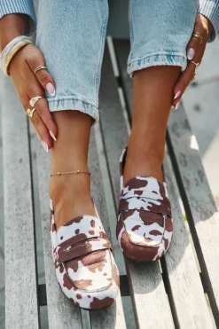 Sale Boto Loafersy Mokasyny Damskie Płaskie W Łaty Brązowo-Białe Roseline