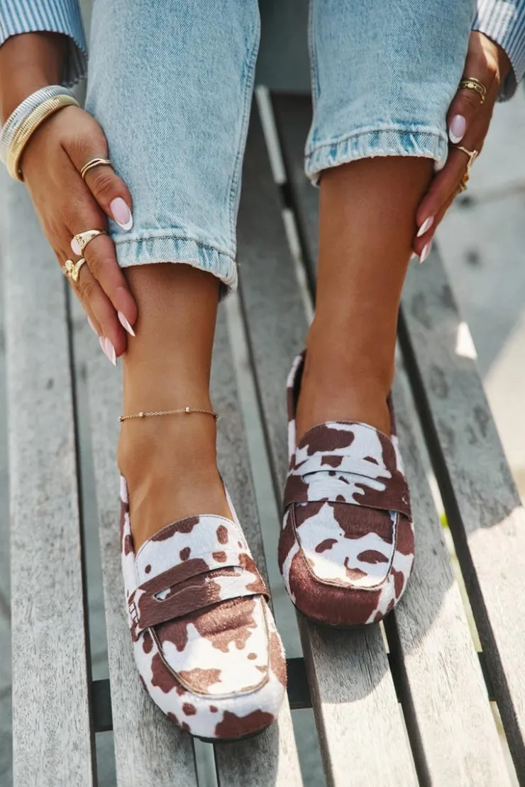 Sale Boto Loafersy Mokasyny Damskie Płaskie W Łaty Brązowo-Białe Roseline