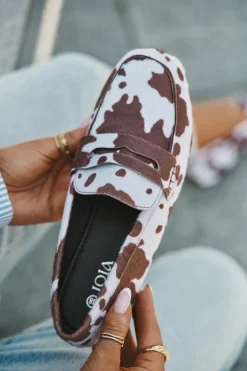 Sale Boto Loafersy Mokasyny Damskie Płaskie W Łaty Brązowo-Białe Roseline