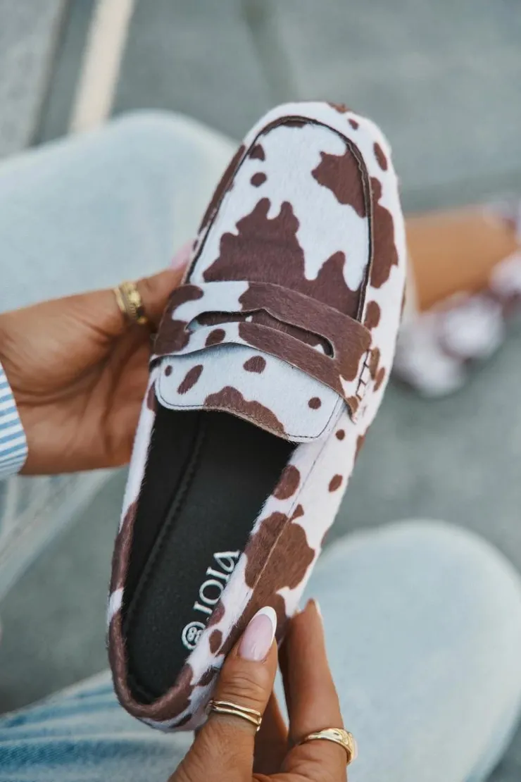 Sale Boto Loafersy Mokasyny Damskie Płaskie W Łaty Brązowo-Białe Roseline