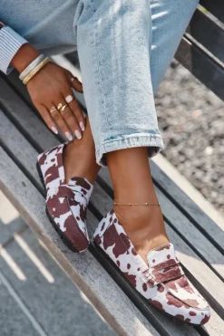 Sale Boto Loafersy Mokasyny Damskie Płaskie W Łaty Brązowo-Białe Roseline